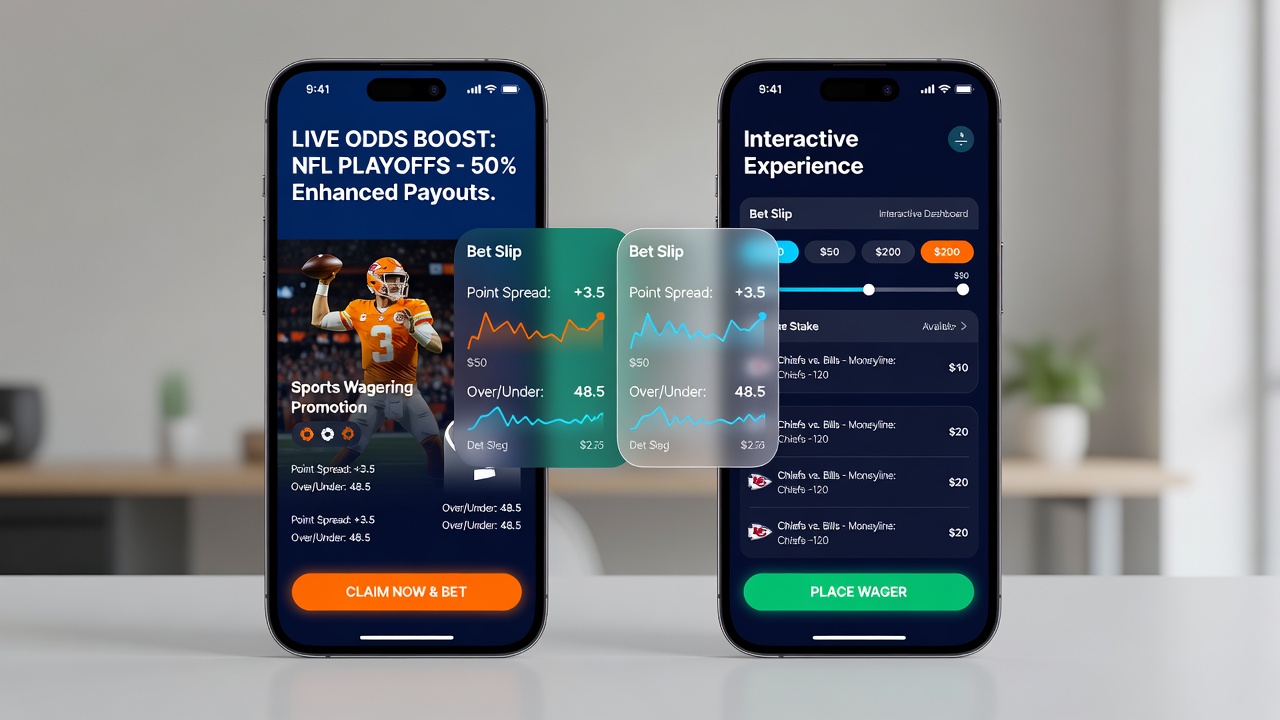 Detailansicht einer mobilen App mit interaktiven Elementen, die Sportwetten-Promotionen mit Live-Dealer-Tischen verbinden